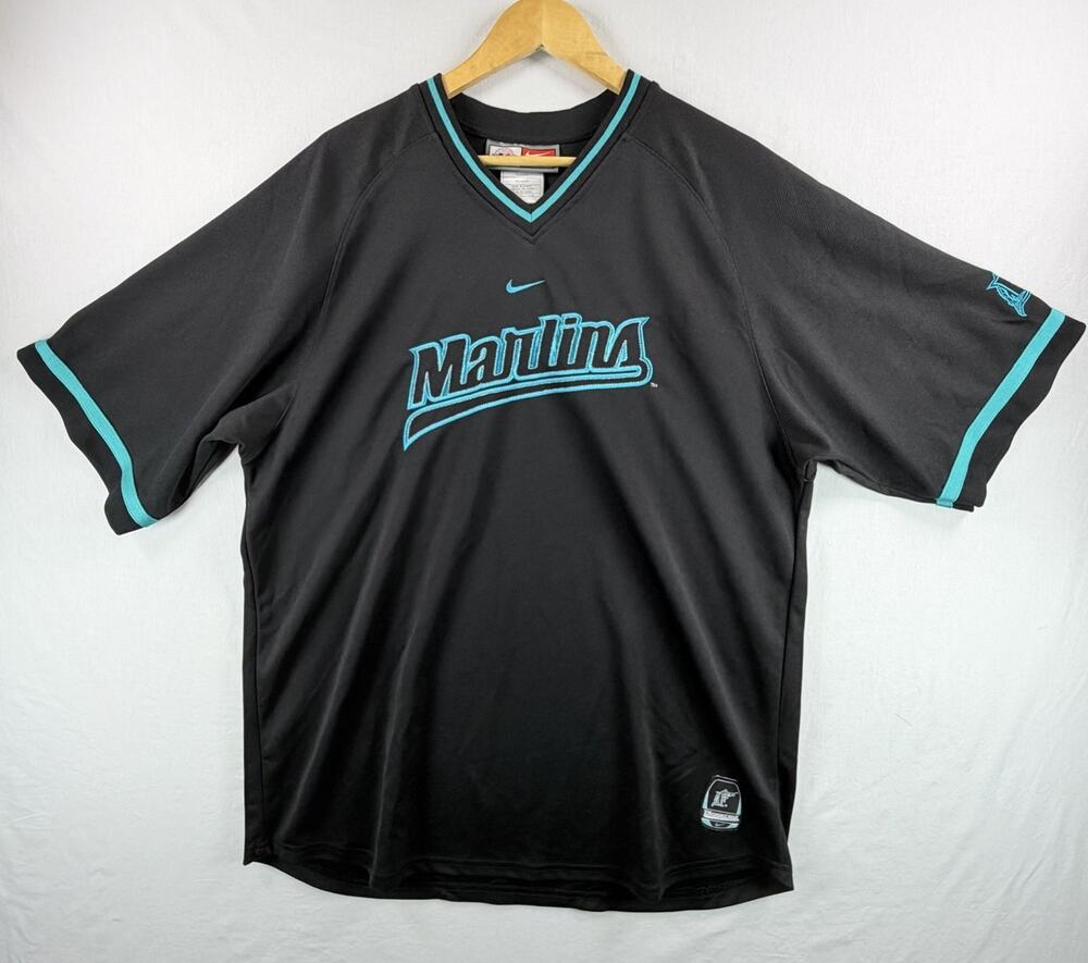 Vtg Nike Florida Marlins Men’s Baseball Jersey Size L Black Teal V-Neck Y2K